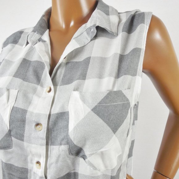 SIM & SAM Top XL New Casual Button Down Plaid Shirt Hi/Low Split Hem Gray/White - Picture 4 of 11